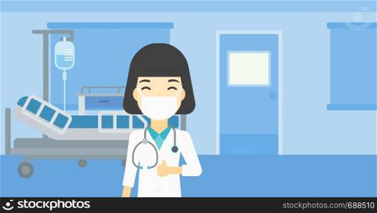 An asian female doctor in mask giving thumbs up. Happy doctor with thumbs up in the hospital room. Doctor showing thumbs up gesture. Vector flat design illustration. Horizontal layout.. Doctor giving thumb up vector illustration.
