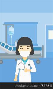 An asian female doctor in mask giving thumbs up. Happy doctor with thumbs up in the hospital room. Doctor showing thumbs up gesture. Vector flat design illustration. Vertical layout.. Doctor giving thumb up vector illustration.