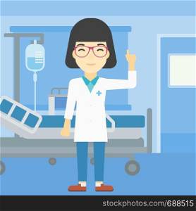 An asian female doctor in medical gown showing finger up. Doctor with finger up in the hospital ward. Woman in doctor uniform pointing finger up. Vector flat design illustration. Square layout.. Doctor showing finger up vector illustration.