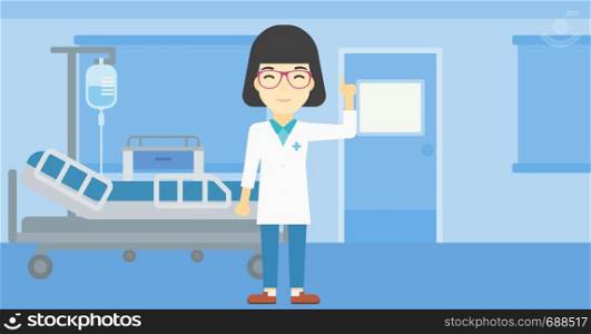 An asian female doctor in medical gown showing finger up. Doctor with finger up in the hospital ward. Woman in doctor uniform pointing finger up. Vector flat design illustration. Horizontal layout.. Doctor showing finger up vector illustration.