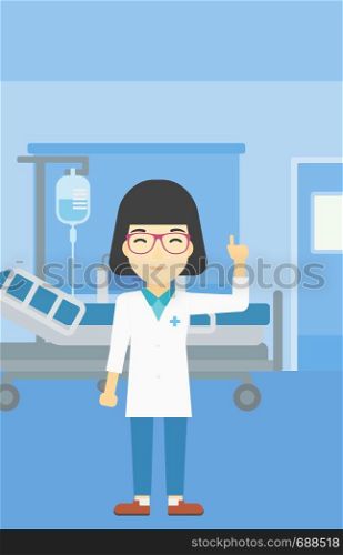 An asian female doctor in medical gown showing finger up. Doctor with finger up in the hospital ward. Woman in doctor uniform pointing finger up. Vector flat design illustration. Vertical layout.. Doctor showing finger up vector illustration.