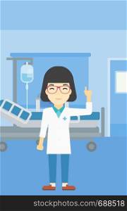 An asian female doctor in medical gown showing finger up. Doctor with finger up in the hospital ward. Woman in doctor uniform pointing finger up. Vector flat design illustration. Vertical layout.. Doctor showing finger up vector illustration.