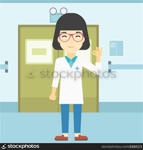 An asian female doctor in medical gown showing ok sign. Smiling doctor gesturing ok sign. Doctor with ok sign gesture in the hospital corridor. Vector flat design illustration. Square layout.. Doctor showing ok sign vector illustration.