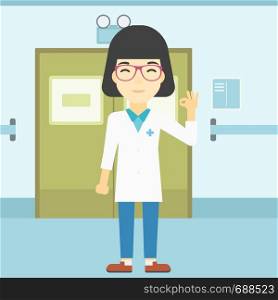 An asian female doctor in medical gown showing ok sign. Smiling doctor gesturing ok sign. Doctor with ok sign gesture in the hospital corridor. Vector flat design illustration. Square layout.. Doctor showing ok sign vector illustration.