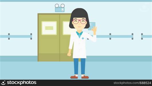 An asian female doctor in medical gown showing ok sign. Smiling doctor gesturing ok sign. Doctor with ok sign gesture in the hospital corridor. Vector flat design illustration. Horizontal layout.. Doctor showing ok sign vector illustration.