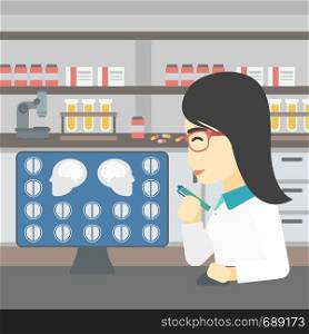 An asian female doctor looking at magnetic resonance images of the brain on a computer screen. Doctor analyzing MRI scan at the medical office. Vector flat design illustration. Square layout.. Doctor analyzing MRI scan vector illustration.