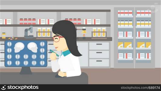An asian female doctor looking at magnetic resonance images of the brain on a computer screen. Doctor analyzing MRI scan at the medical office. Vector flat design illustration. Horizontal layout.. Doctor analyzing MRI scan vector illustration.