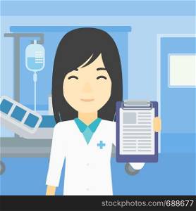 An asian female doctor showing clipboard with prescription. Doctor holding clipboard on the background of hospital room. Vector flat design illustration. Square layout.. Doctor with clipboard vector illustration.