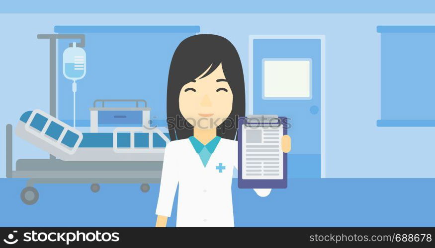 An asian female doctor showing clipboard with prescription. Doctor holding clipboard on the background of hospital room. Vector flat design illustration. Horizontal layout.. Doctor with clipboard vector illustration.