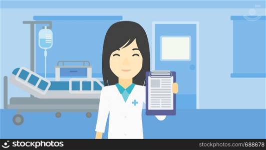 An asian female doctor showing clipboard with prescription. Doctor holding clipboard on the background of hospital room. Vector flat design illustration. Horizontal layout.. Doctor with clipboard vector illustration.
