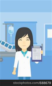 An asian female doctor showing clipboard with prescription. Doctor holding clipboard on the background of hospital room. Vector flat design illustration. Vertical layout.. Doctor with clipboard vector illustration.