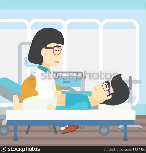 An asian female doctor touching abdomen of patient. Man on reception at doctor. Vector flat design illustration. Square layout.. Doctor touching abdomen of male patient.