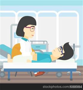 An asian female doctor touching abdomen of patient. Man on reception at doctor. Vector flat design illustration. Square layout.. Doctor touching abdomen of male patient.