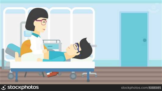 An asian female doctor touching abdomen of patient. Man on reception at doctor. Vector flat design illustration. Horizontal layout.. Doctor touching abdomen of male patient.
