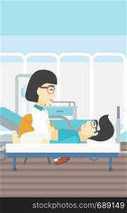 An asian female doctor touching abdomen of patient. Man on reception at doctor. Vector flat design illustration. Vertical layout.. Doctor touching abdomen of male patient.