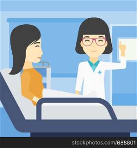 An asian female doctor visiting male patient at hospital ward. Doctor pointing finger up during consultation with patient in hospital room. Vector flat design illustration. Square layout.. Doctor visiting patient vector illustration.