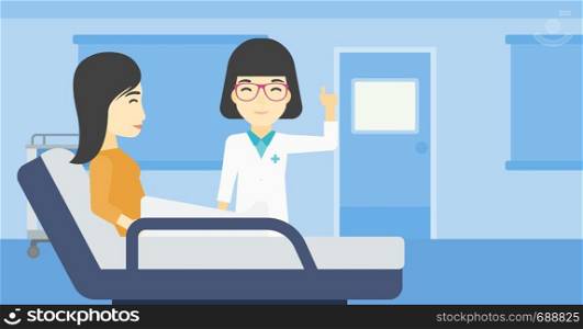 An asian female doctor visiting male patient at hospital ward. Doctor pointing finger up during consultation with patient in hospital room. Vector flat design illustration. Horizontal layout.. Doctor visiting patient vector illustration.