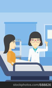 An asian female doctor visiting male patient at hospital ward. Doctor pointing finger up during consultation with patient in hospital room. Vector flat design illustration. Vertical layout.. Doctor visiting patient vector illustration.