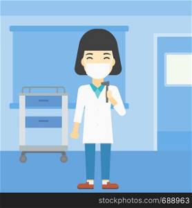 An asian female ear nose throat doctor standing in the medical office. Doctor with tools used for examination of ear, nose, throat. Vector flat design illustration. Square layout.. Ear nose throat doctor vector illustration.