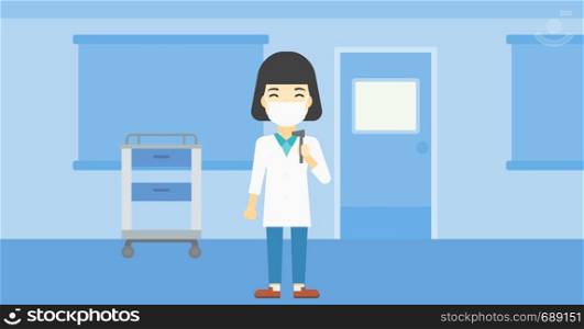 An asian female ear nose throat doctor standing in the medical office. Doctor with tools used for examination of ear, nose, throat. Vector flat design illustration. Horizontal layout.. Ear nose throat doctor vector illustration.