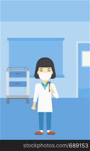 An asian female ear nose throat doctor standing in the medical office. Doctor with tools used for examination of ear, nose, throat. Vector flat design illustration. Vertical layout.. Ear nose throat doctor vector illustration.