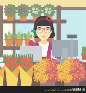 An asian female florist using telephone and laptop to take orders for flower shop. An excited florist standing behind the counter at flower shop. Vector flat design illustration. Square layout.. Florist at flower shop vector illustration.
