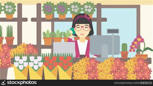 An asian female florist using telephone and laptop to take orders for flower shop. An excited florist standing behind the counter at flower shop. Vector flat design illustration. Horizontal layout.. Florist at flower shop vector illustration.