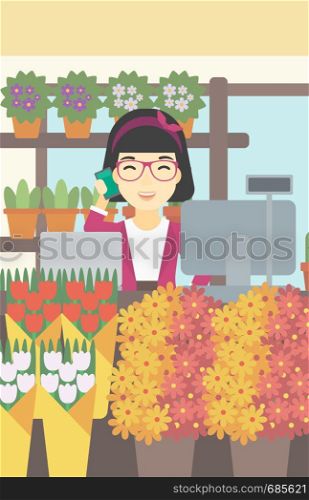An asian female florist using telephone and laptop to take orders for flower shop. An excited florist standing behind the counter at flower shop. Vector flat design illustration. Vertical layout.. Florist at flower shop vector illustration.