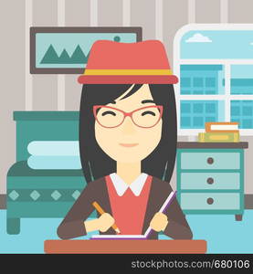 An asian female journalist sitting at the table and writing in notebook with pencil. Female journalist writing notes on the background of bedroom. Vector flat design illustration. Square layout.. Journalist writing in notebook vector illustration