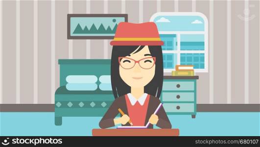 An asian female journalist sitting at the table and writing in notebook with pencil. Female journalist writing notes on the background of bedroom. Vector flat design illustration. Horizontal layout.. Journalist writing in notebook vector illustration