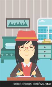 An asian female journalist sitting at the table and writing in notebook with pencil. Female journalist writing notes on the background of bedroom. Vector flat design illustration. Vertical layout.. Journalist writing in notebook vector illustration