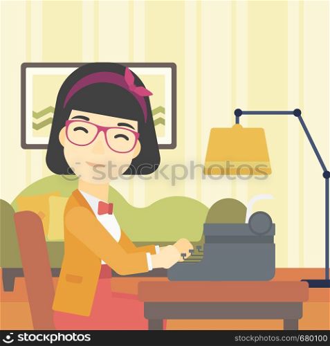 An asian female journalist writing an article on a vintage typewriter on the background of living room. Female journalist at work smoking pipe. Vector flat design illustration. Square layout.. Reporter working at typewriter.
