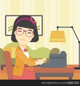 An asian female journalist writing an article on a vintage typewriter on the background of living room. Female journalist at work smoking pipe. Vector flat design illustration. Square layout.. Reporter working at typewriter.