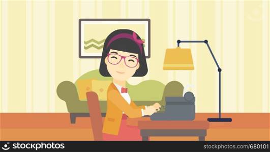 An asian female journalist writing an article on a vintage typewriter on the background of living room. Female journalist at work smoking pipe. Vector flat design illustration. Horizontal layout.. Reporter working at typewriter.