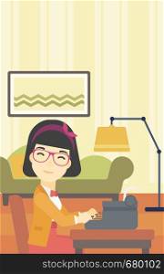 An asian female journalist writing an article on a vintage typewriter on the background of living room. Female journalist at work smoking pipe. Vector flat design illustration. Vertical layout.. Reporter working at typewriter.