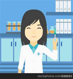 An asian female laboratory assistant holding syringe. Laboratory assistant with syringe in a laboratory. Laboratory assistant making medical test. Vector flat design illustration. Square layout.. Laboratory assistant with syringe in lab.