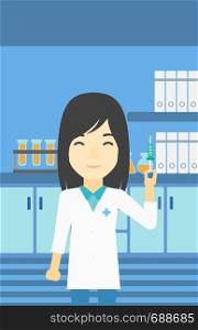 An asian female laboratory assistant holding syringe. Laboratory assistant with syringe in a laboratory. Laboratory assistant making medical test. Vector flat design illustration. Vertical layout.. Laboratory assistant with syringe in lab.
