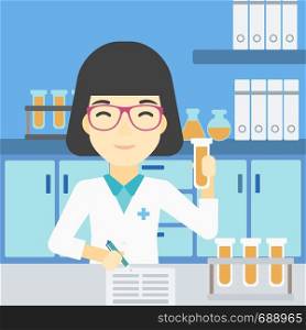 An asian female laboratory assistant taking some notes. Laboratory assistant working with a test tube at the lab. Vector flat design illustration. Square layout.. Laboratory assistant working vector illustration.
