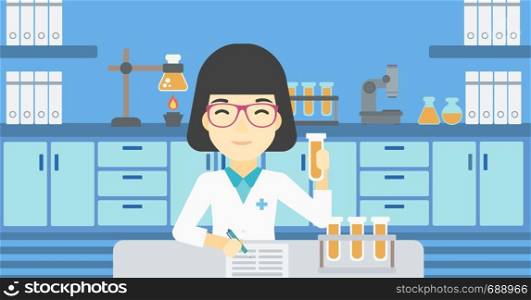 An asian female laboratory assistant taking some notes. Laboratory assistant working with a test tube at the lab. Vector flat design illustration. Horizontal layout.. Laboratory assistant working vector illustration.