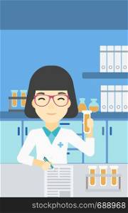An asian female laboratory assistant taking some notes. Laboratory assistant working with a test tube at the lab. Vector flat design illustration. Vertical layout.. Laboratory assistant working vector illustration.