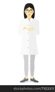 An asian female laboratory assistant vector flat design illustration isolated on white background. . Female laboratory assistant.