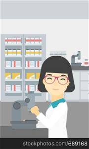 An asian female laboratory assistant working with microscope at the laboratory. Young scientist using a microscope in a laboratory. Vector flat design illustration. Vertical layout.. Laboratory assistant with microscope.