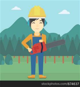 An asian female lumberjack in helmet holding a chainsaw on a forest background. Vector flat design illustration. Square layout.. Lumberjack with chainsaw vector illustration.