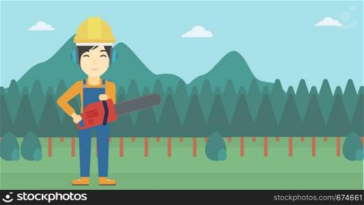 An asian female lumberjack in helmet holding a chainsaw on a forest background. Vector flat design illustration. Horizontal layout.. Lumberjack with chainsaw vector illustration.