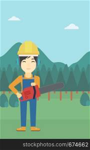 An asian female lumberjack in helmet holding a chainsaw on a forest background. Vector flat design illustration. Vertical layout.. Lumberjack with chainsaw vector illustration.