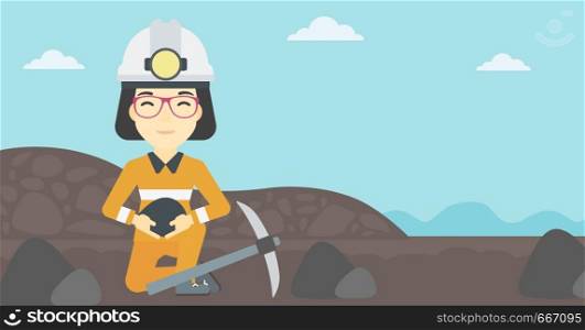 An asian female miner in hard hat sitting with coal in hands and a pickaxe on the background of coal mine. Vector flat design illustration. Horizontal layout.. Miner holding coal in hands vector illustration.