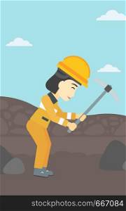 An asian female miner working with a pickaxe. Mine worker in hard hat. Miner at the coal mine. Vector flat design illustration. Vertical layout.. Miner working with pickaxe vector illustration.