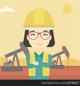 An asian female oil worker in uniform and helmet. An oil worker with crossed arms. An oil worker standing on a background of pump jack. Vector flat design illustration. Square layout.. Cnfident oil worker vector illustration.