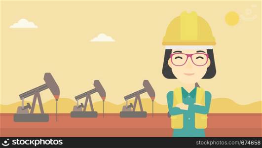An asian female oil worker in uniform and helmet. An oil worker with crossed arms. An oil worker standing on a background of pump jack. Vector flat design illustration. Horizontal layout.. Cnfident oil worker vector illustration.