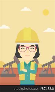 An asian female oil worker in uniform and helmet. An oil worker with crossed arms. An oil worker standing on a background of pump jack. Vector flat design illustration. Vertical layout.. Cnfident oil worker vector illustration.